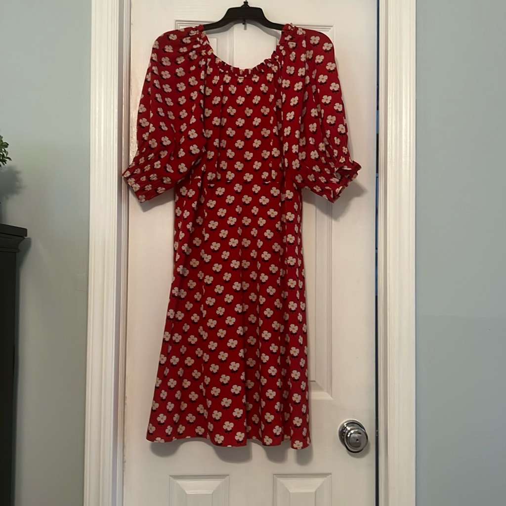 Kate Spade Red Floral Puff-Sleeve Midi Dress